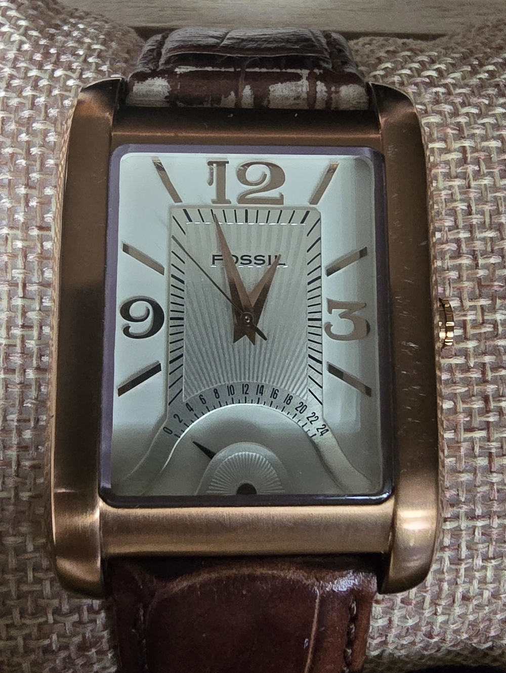 Fossil Rose Gold Tone Rectangular Watch with Brown Leather Strap - Picture 2 of 4